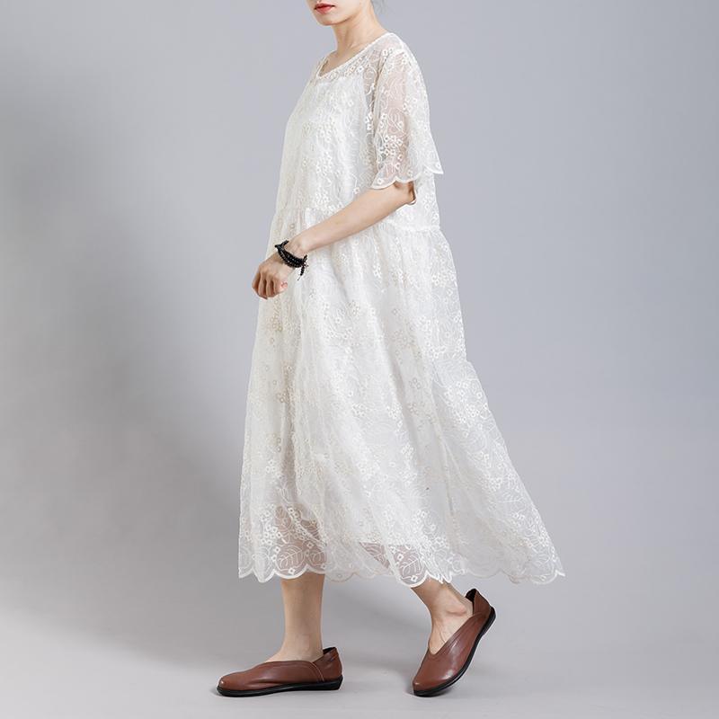 Floral Embroidery Transparent Dress With Lining - Omychic