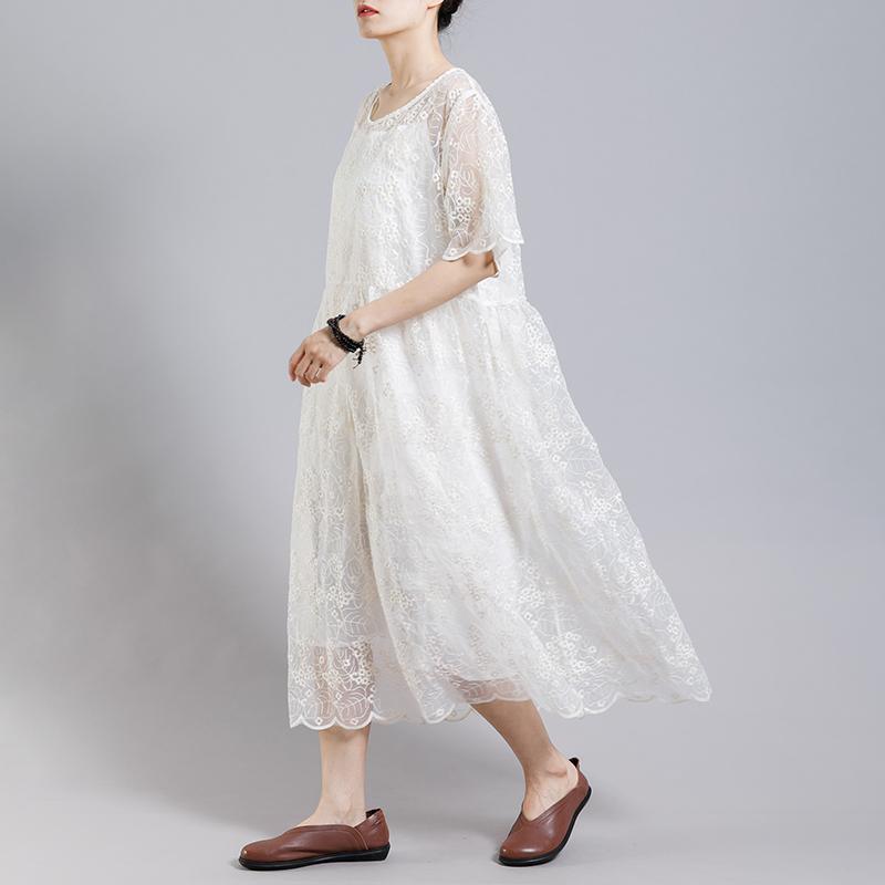 Floral Embroidery Transparent Dress With Lining - Omychic