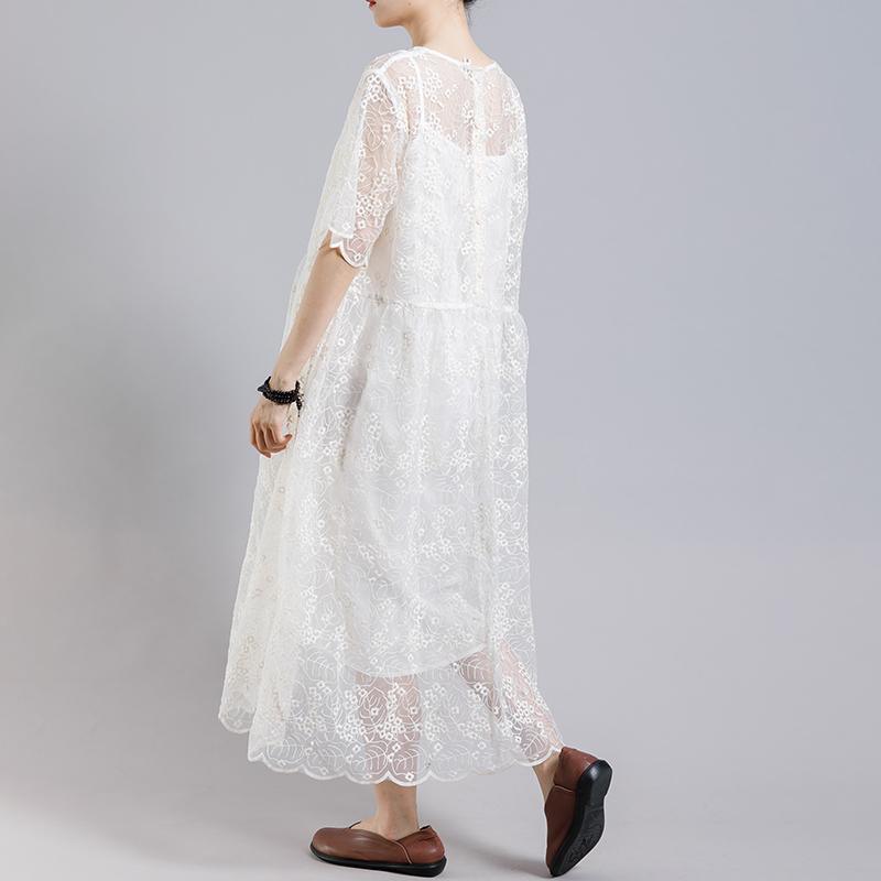 Floral Embroidery Transparent Dress With Lining - Omychic