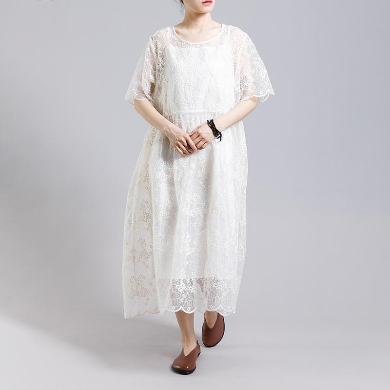 Floral Embroidery Transparent Dress With Lining - Omychic