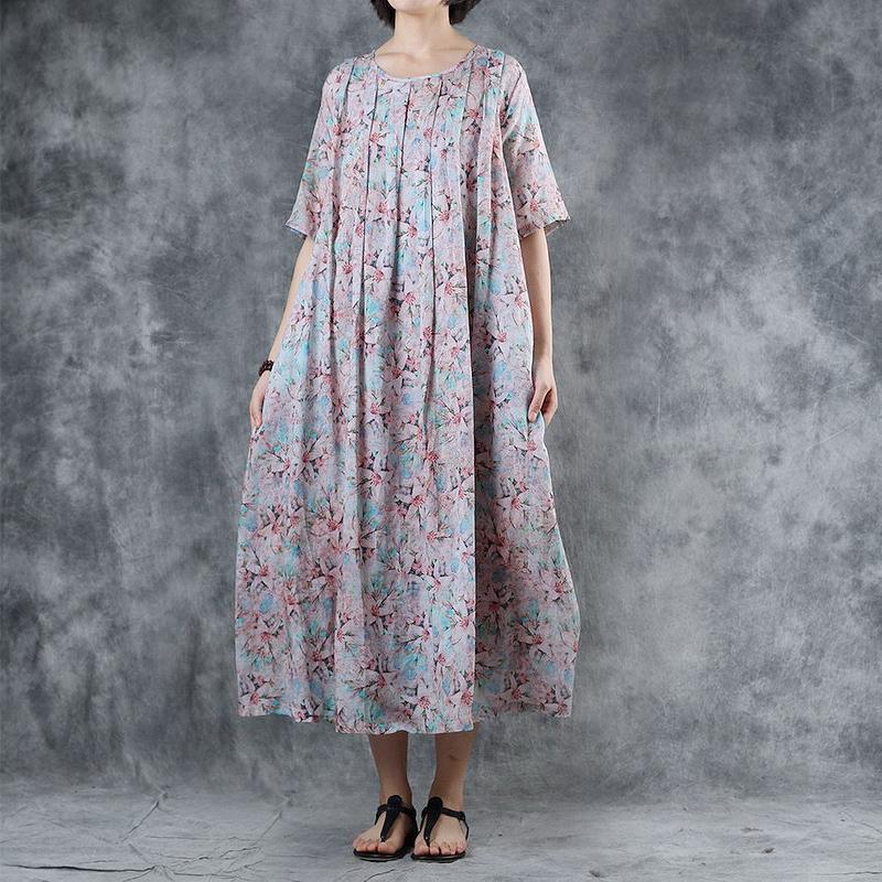 Floral Printed Pleated Short Sleeve Midi Dress - Omychic