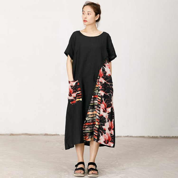 Floral Printed Spliced Loose Round Collar Dress - Omychic