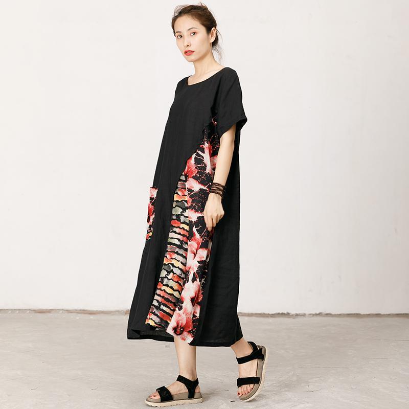 Floral Printed Spliced Loose Round Collar Dress - Omychic