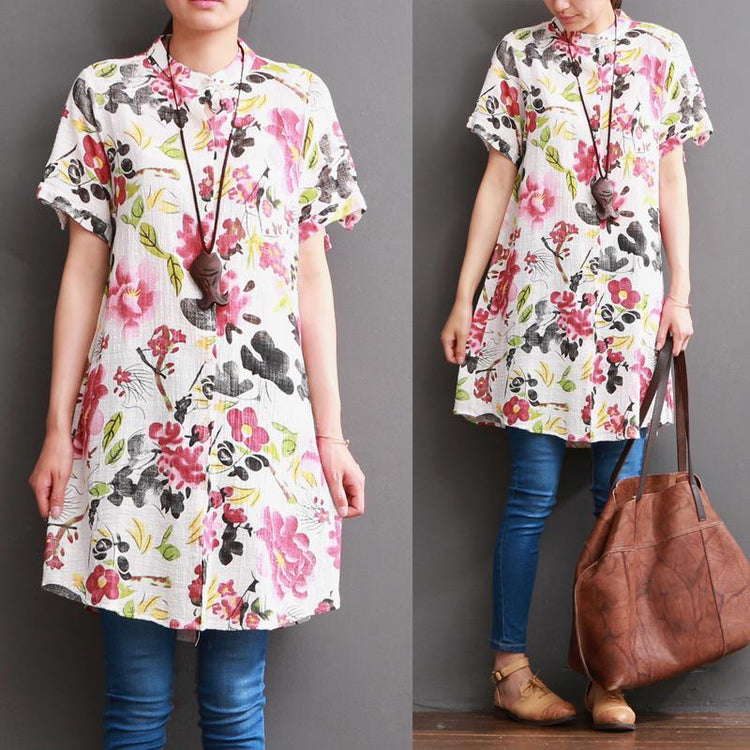 Floral casual dress cotton sundress linen shirt summer - Omychic