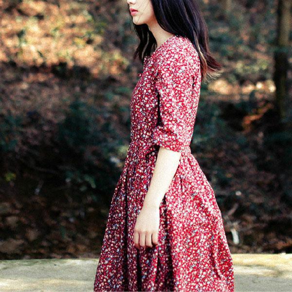 Floral cotton linen dress medium length plus size long sleeve dress - Omychic