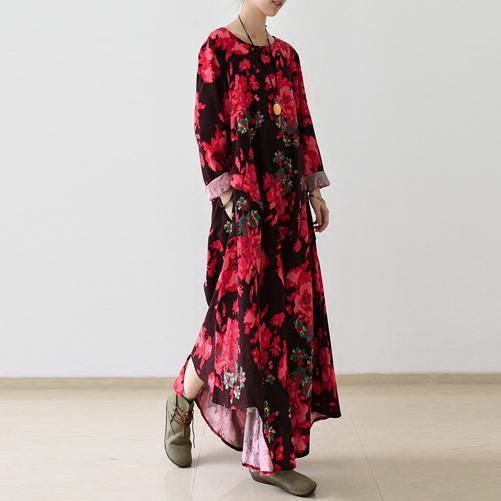 Floral oversized linen maxi dress fall cotton dresses - Omychic