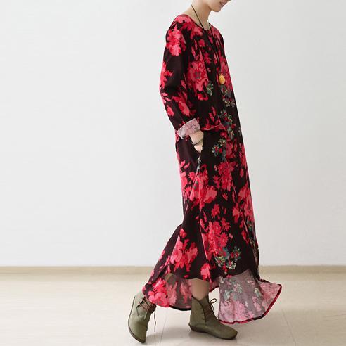 Floral oversized linen maxi dress fall cotton dresses - Omychic