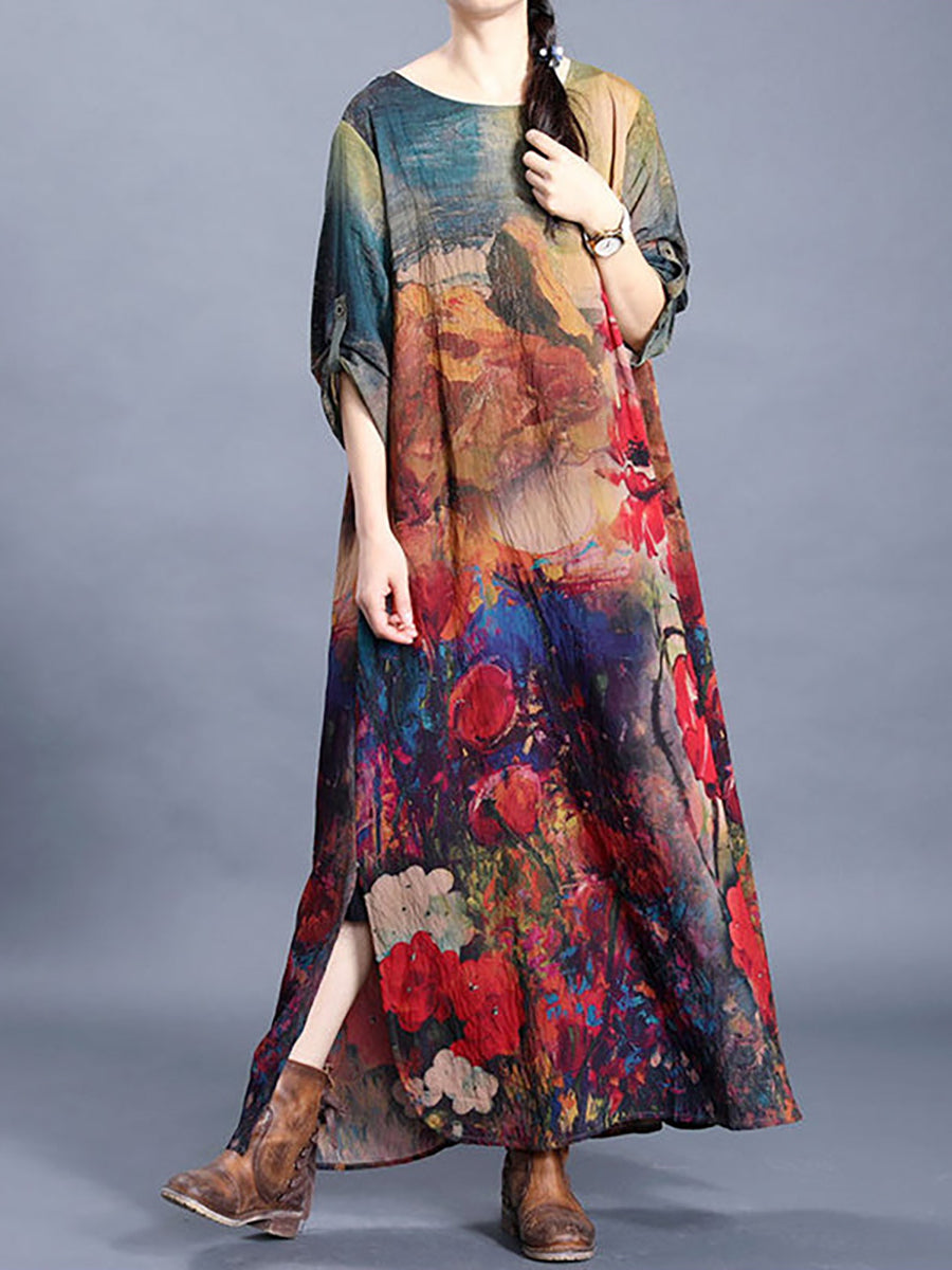 Plus Size Flower Printed Retro Split Hem Silk Dress