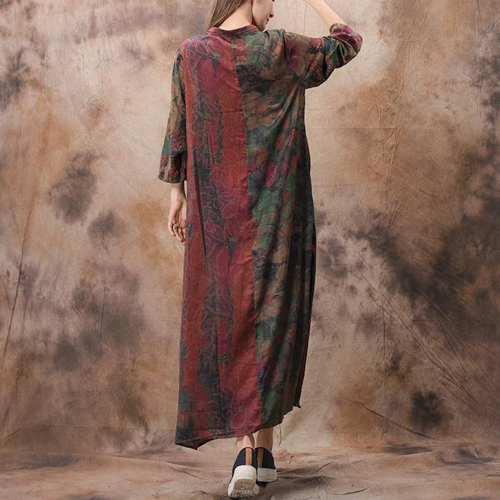 Flowy stand collar Chiffon Wardrobes top quality Sewing green print Maxi Dresses spring - Omychic
