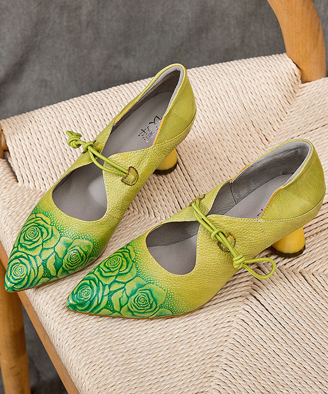 Fluorescent Green Embossed Buckle Strap Splicing Cowhide Leather Chunky High Heels