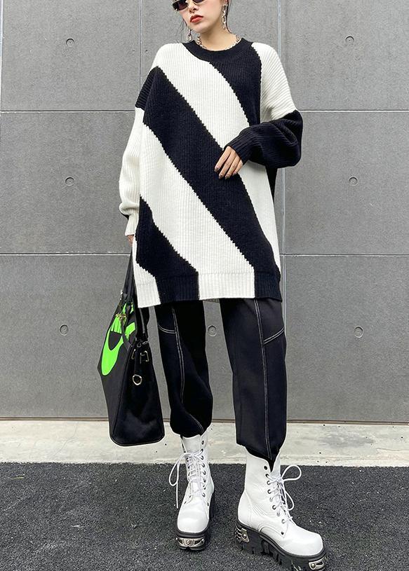For Spring Black White Striped Knitted Clothes O Neck Plus Size Knit Tops - Omychic