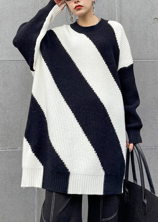 For Spring Black White Striped Knitted Clothes O Neck Plus Size Knit Tops - Omychic