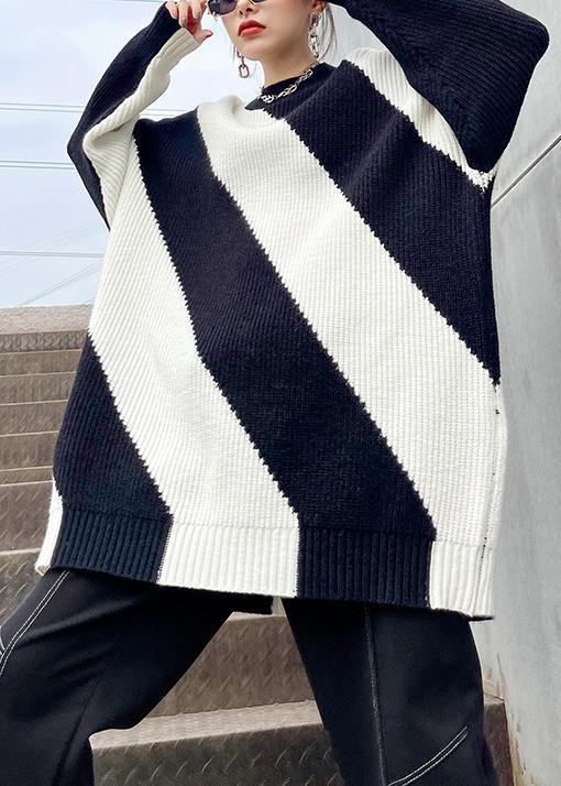 For Spring Black White Striped Knitted Clothes O Neck Plus Size Knit Tops - Omychic