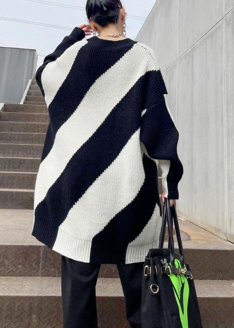 For Spring Black White Striped Knitted Clothes O Neck Plus Size Knit Tops - Omychic