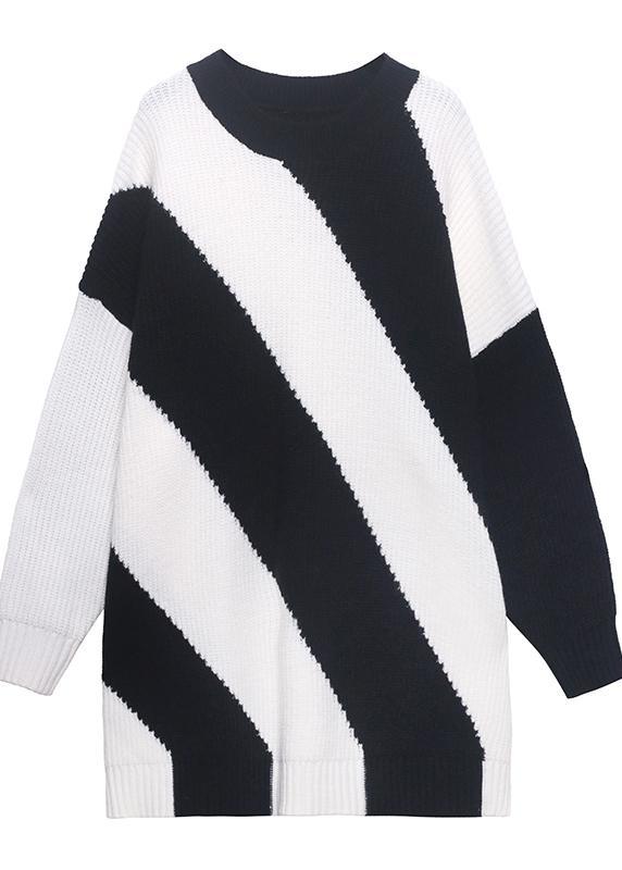 For Spring Black White Striped Knitted Clothes O Neck Plus Size Knit Tops - Omychic