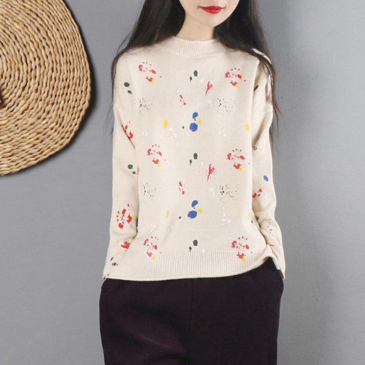 For Spring beige print knitted t shirt plus size clothing o neck knitwear long sleeve - Omychic