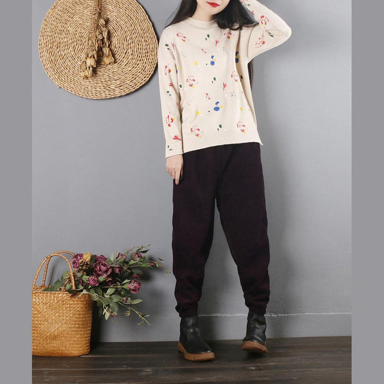 For Spring beige print knitted t shirt plus size clothing o neck knitwear long sleeve - Omychic