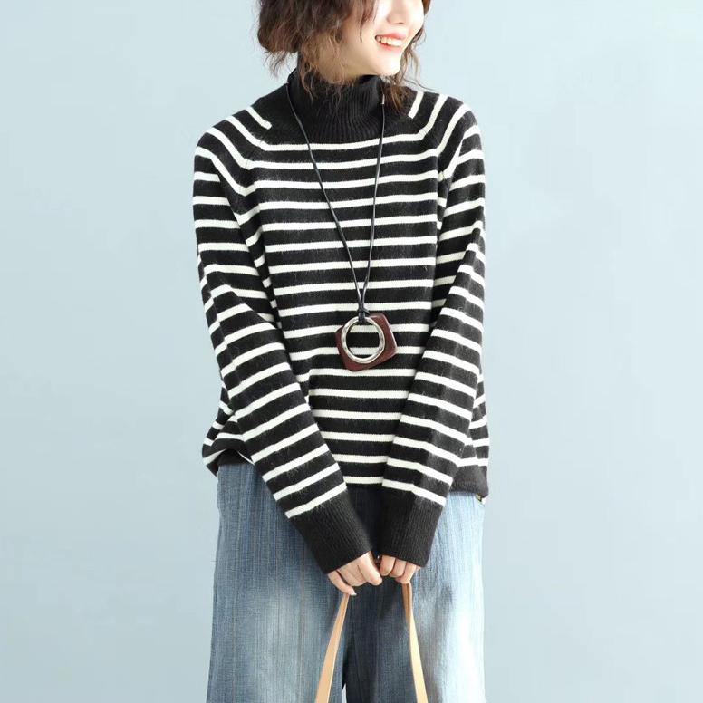 For Spring black striped knit sweat tops plus size high neck knit blouse - Omychic