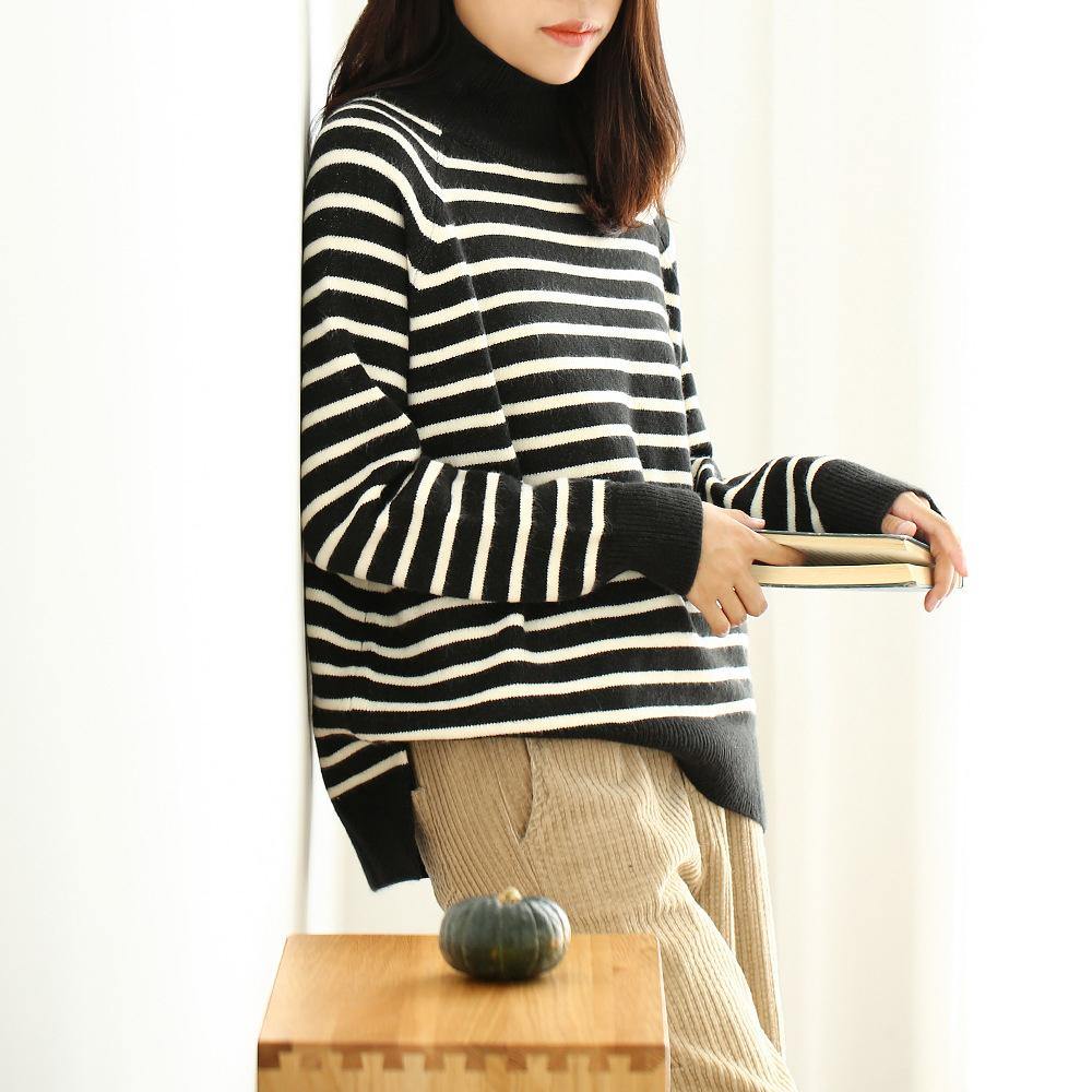 For Spring black striped knit sweat tops plus size high neck knit blouse - Omychic
