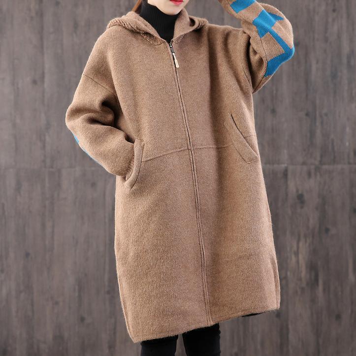 For Spring knitted coat trendy plus size khaki hooded zippered knitted jackets - Omychic