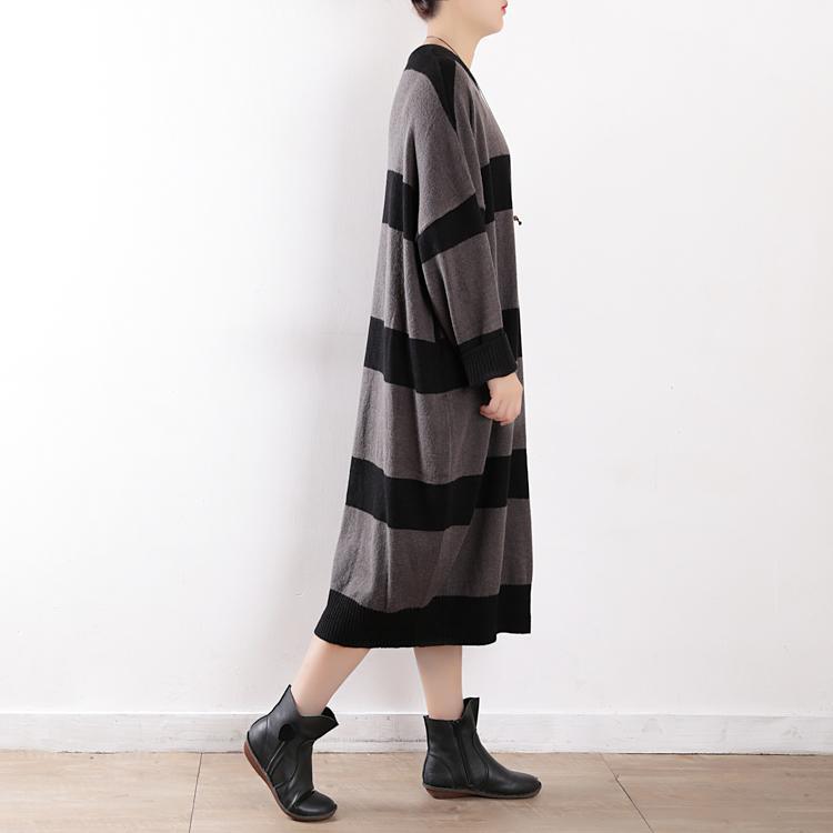For Work Batwing Sleeve Sweater dresses Women gray striped oversized knit top fall - Omychic