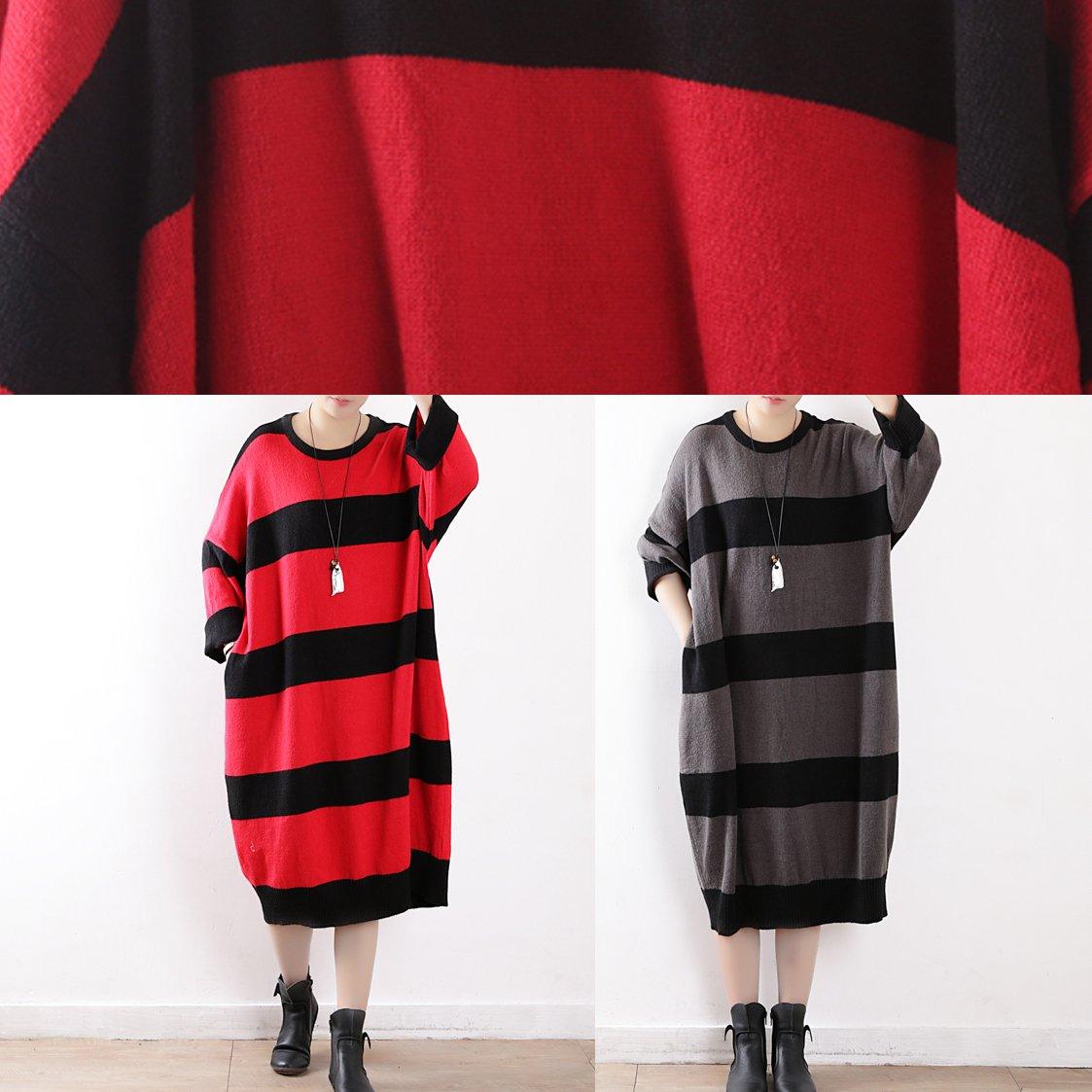 For Work Batwing Sleeve Sweater dresses Women gray striped oversized knit top fall - Omychic