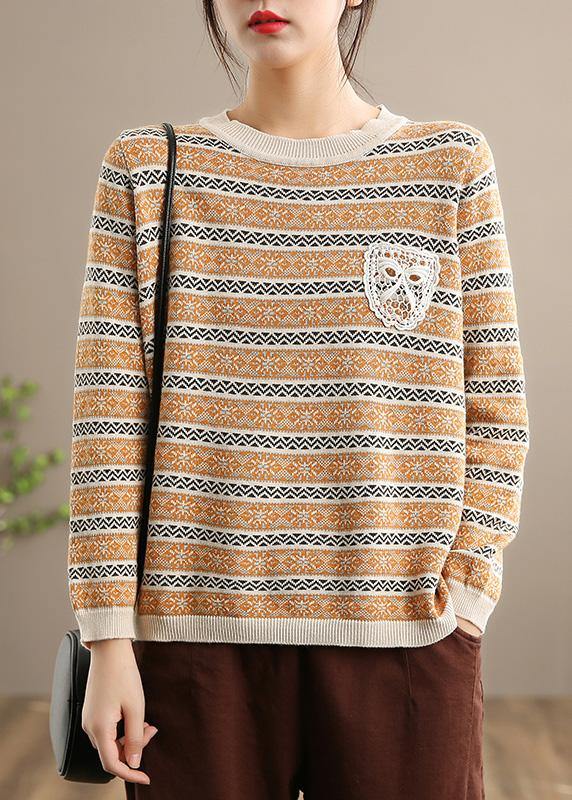 For Work Khaki Striped Knit Blouse O Neck Plus Size Spring Knitted Blouse - Omychic