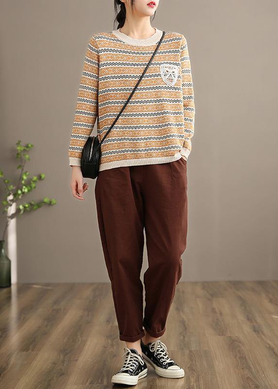 For Work Khaki Striped Knit Blouse O Neck Plus Size Spring Knitted Blouse - Omychic