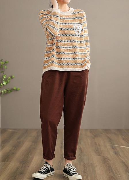 For Work Khaki Striped Knit Blouse O Neck Plus Size Spring Knitted Blouse - Omychic