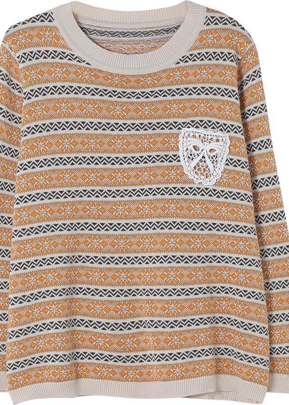 For Work Khaki Striped Knit Blouse O Neck Plus Size Spring Knitted Blouse - Omychic