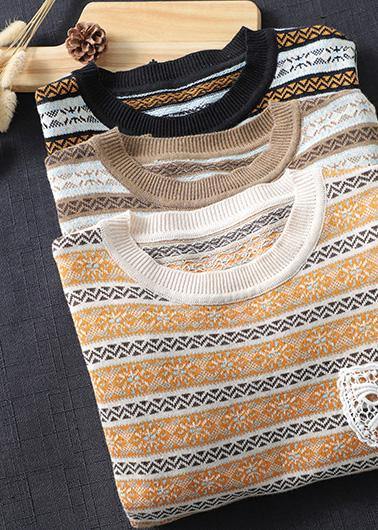 For Work Khaki Striped Knit Blouse O Neck Plus Size Spring Knitted Blouse - Omychic