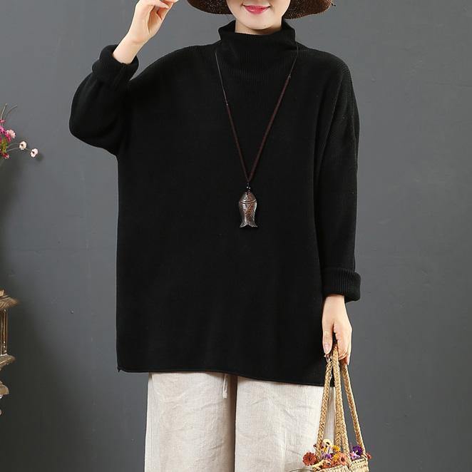 For Work black knit top silhouette winter trendy plus size high neck knitted blouse - Omychic
