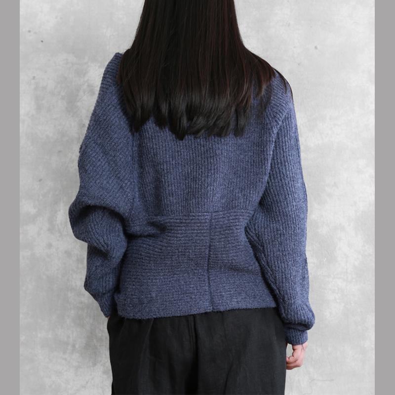 For Work blue knit sweat tops plus size v neck Batwing Sleeve knitted clothes - Omychic