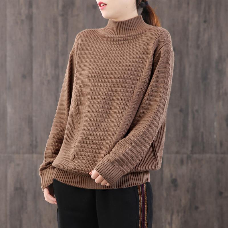 For Work brown Blouse plus size high neck knit tops long sleeve - Omychic