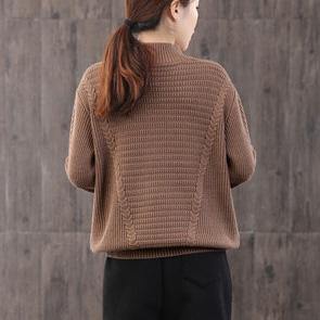 For Work brown Blouse plus size high neck knit tops long sleeve - Omychic