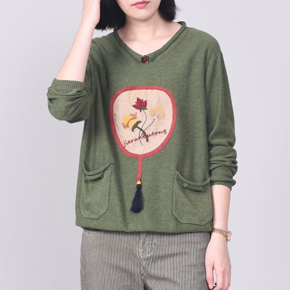 For Work green embroidery knitted pullover oversize v neckknit topspockets - Omychic