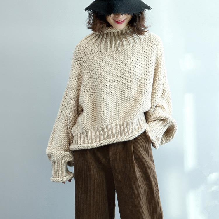 For Work high neck Sweater weather Upcycle beige Big knit tops fall - Omychic