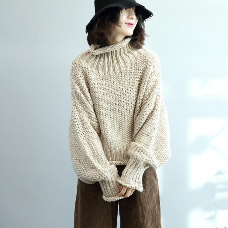 For Work high neck Sweater weather Upcycle beige Big knit tops fall - Omychic