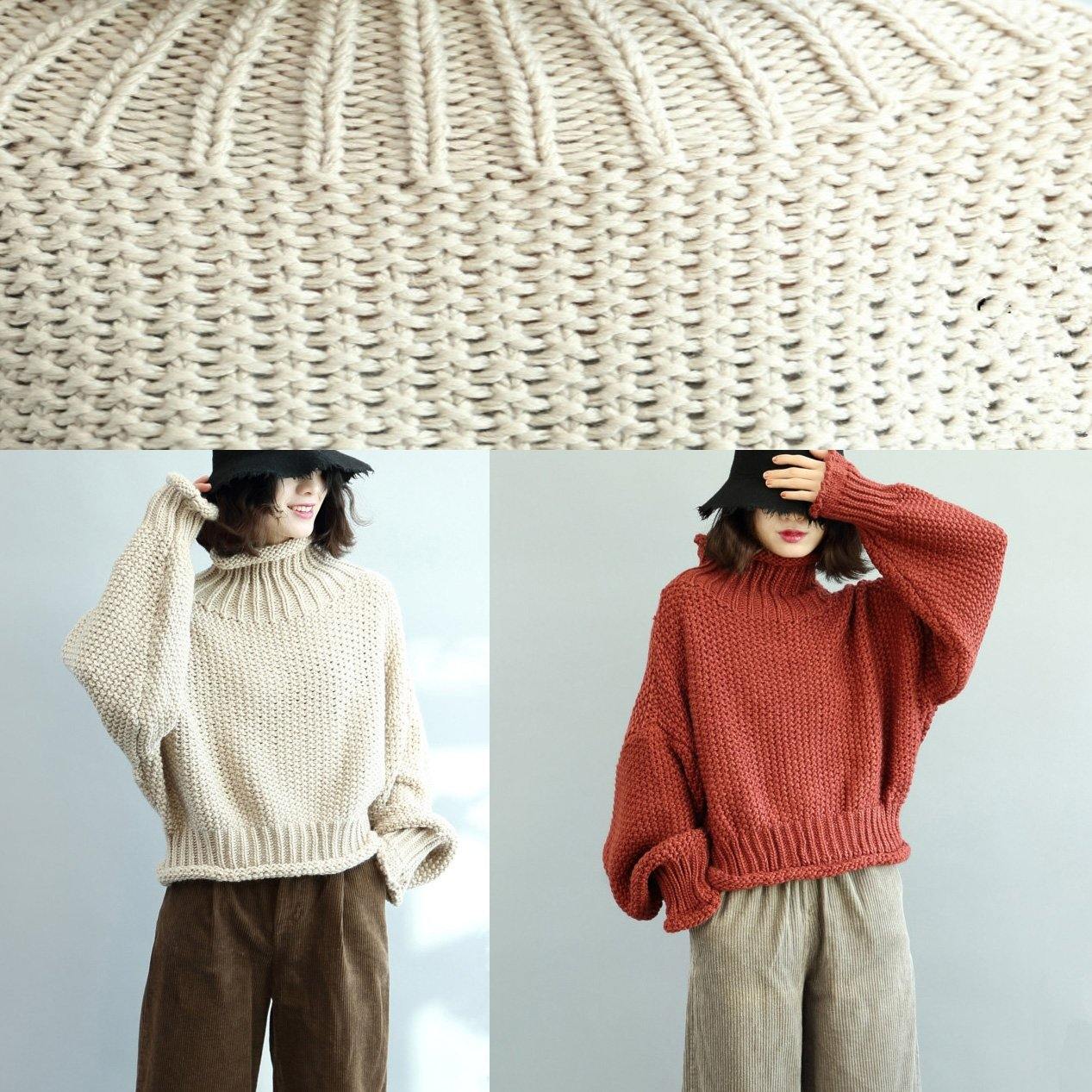 For Work high neck Sweater weather Upcycle beige Big knit tops fall - Omychic