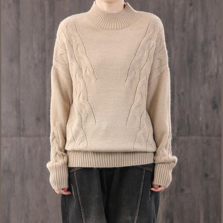 For Work khaki knit blouse Loose fitting knitted blouse high neck - Omychic