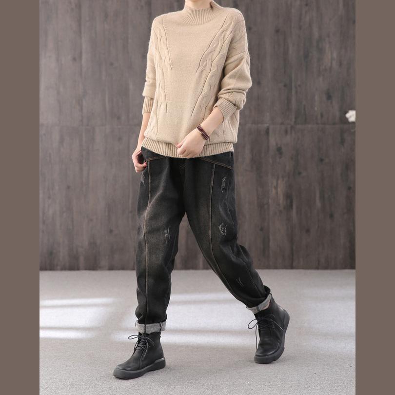 For Work khaki knit blouse Loose fitting knitted blouse high neck - Omychic