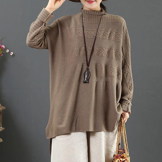 For Work light chocolate knit top silhouette low high design plus size clothing high neck knit sweat tops - Omychic
