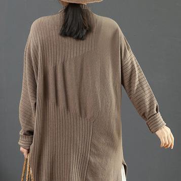For Work light chocolate knit top silhouette low high design plus size clothing high neck knit sweat tops - Omychic