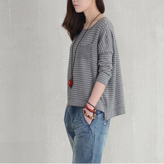 For Work o neck Blouse plus size striped long sleeve sweaters light gray - Omychic