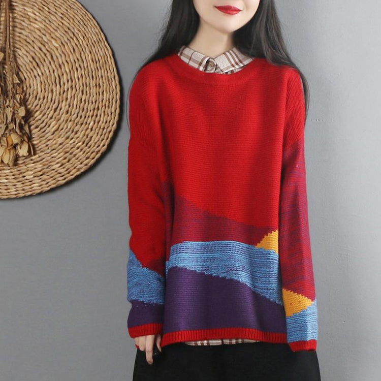 For Work red knitted top oversized o neck knitted blouse long sleeve - Omychic