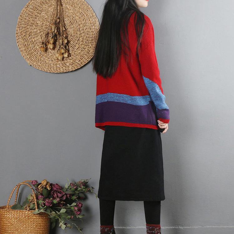 For Work red knitted top oversized o neck knitted blouse long sleeve - Omychic