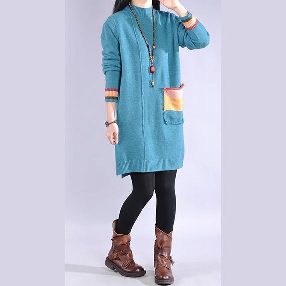 For Work side open Sweater patchwork pockets dress outfit plus size blue Big knitted tops - Omychic