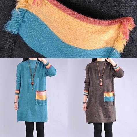 For Work side open Sweater patchwork pockets dress outfit plus size blue Big knitted tops - Omychic