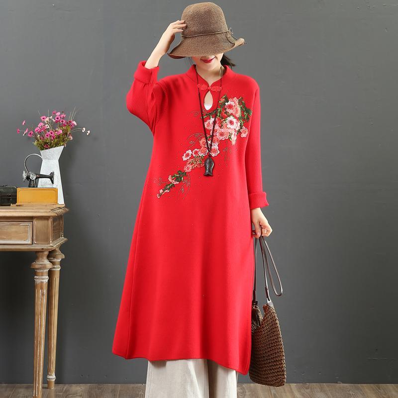 For Work stand collar Sweater embroidery dresses Street Style red wild DIY knit dresses - Omychic