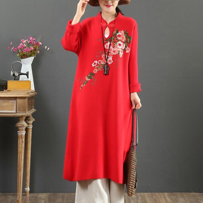For Work stand collar Sweater embroidery dresses Street Style red wild DIY knit dresses - Omychic